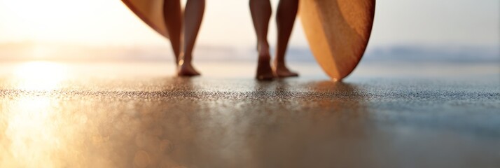 Two surfers are walking on the beach at sunset after a surfing session, carrying their surfboards and leaving footprints in the sand, enjoying the golden hour light