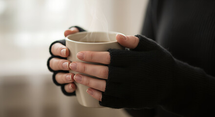Person holding warm cup of coffee while wearing fingerless gloves  