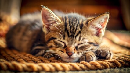 A cute tabby kitten sleeps peacefully on a textured blanket, its face relaxed and eyes closed