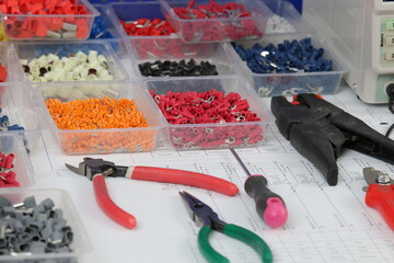 Electrical Installation Tools and Materials for Electrical Switchboard Assembly. 
