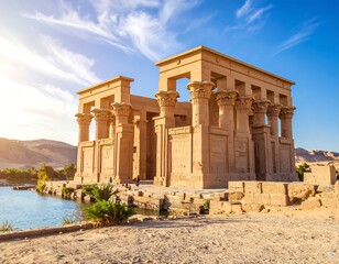 Fototapeta premium Ancient Egyptian temple by a serene lake