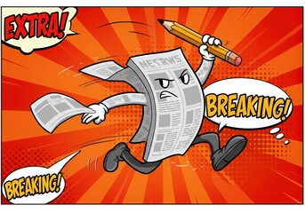 Angry newspaper running with pencil and breaking news speech bubbles