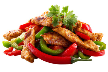 Grilled chicken with fresh bell peppers and chili peppers, garnished with parsley on transparent background