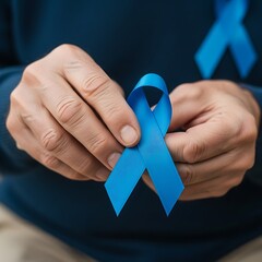 A person holding a light blue awareness ribbon.