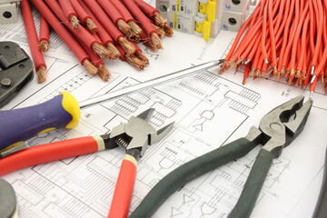 Electrical Installation Tools and Materials for Electrical Switchboard Assembly. 