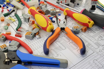 Electrical Installation Tools and Materials for Electrical Switchboard Assembly. 