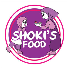 Shokis Food Logo with Two Animated Muslim Girls Serving Fruit and Healthy Food Options for Children and Families