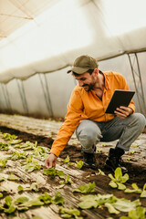 Farmer examining and touching small plants growing in greenhouse using digital tablet