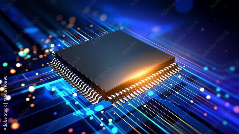 Poster high-tech microchip on a vibrant circuit board with glowing lights and digital effects