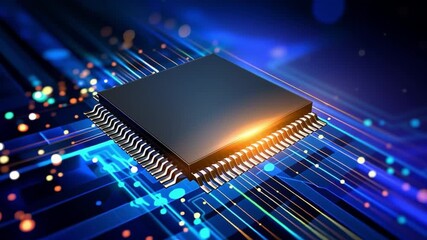 High-tech microchip on a vibrant circuit board with glowing lights and digital effects - Powered by Adobe