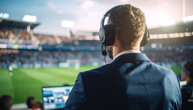 Sports commentator at a stadium.  Man in suit with headphones