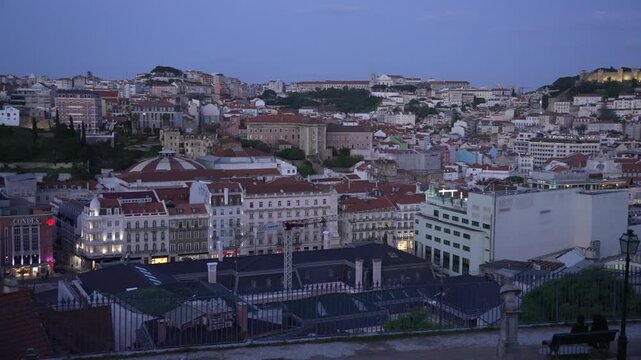 Panoramic view of Lisbon from Miradouro de SALo Pedro de AlcA?ntara at dusk, Lisbon, Portugal, Europe