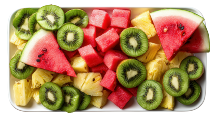 Fresh Seasonal Fruit Platters: A flat lay of fresh seasonal fruit platters with sliced watermelon, pineapple, and kiwi, isolated on a Transparent background, PNG file.