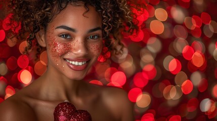 Smiling woman with sparkly face holds a heart against a bokeh-filled red background