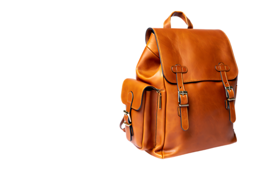 Classic tan leather backpack with buckle closure isolated on transparent background
