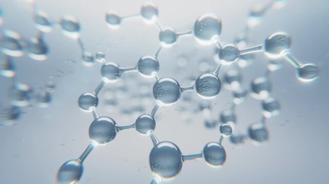 3D animation of transparent molecules floating in fluid space, representing skincare science, hydration serum, and biotechnology beauty.


