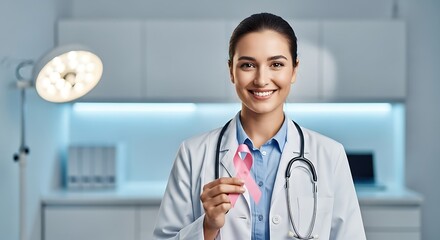Woman doctor holding pink ribbon in support of breast cancer awareness.