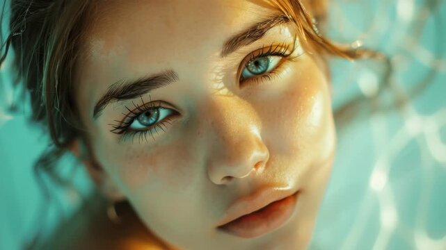 Elegant young woman in pool wearing lashes, with eyes closed and lips slightly parted.