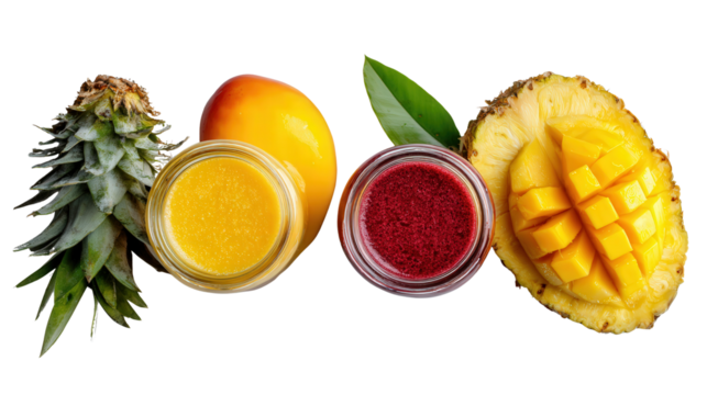 Fresh Tropical Fruit Juices: A flat lay of fresh tropical fruit juices like mango and pineapple, isolated on a Transparent background, PNG file.
