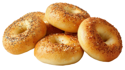 Freshly Baked Bagels: A flat lay of freshly baked bagels with golden-brown crust, isolated on a Transparent background, PNG file.