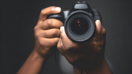 Close-Up of Hands Holding Camera with Professional Lens Focused