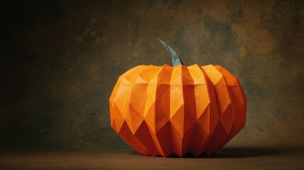 An origami pumpkin made of orange paper, against a dark background, captured in high-resolution photography. 
