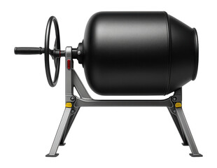 Portable concrete mixer with a collapsible stand and a black drum, designed for easy storage in a workshop.