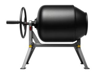 Portable concrete mixer with a collapsible stand and a black drum, designed for easy storage in a workshop.