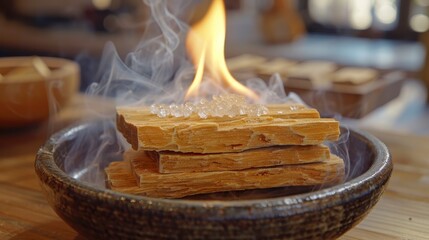 Palo santo wood burning with sugar crystals in a shallow ceramic dish