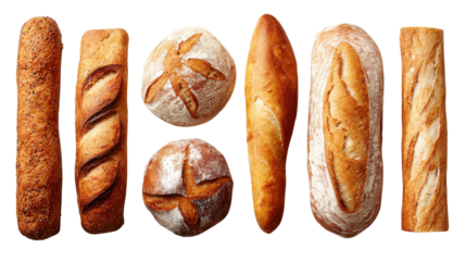 Freshly Baked Bread: A flat lay of freshly baked bread like loaves and baguettes, isolated on a Transparent background, PNG file.