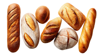 Freshly Baked Bread: A flat lay of freshly baked bread like loaves and baguettes, isolated on a Transparent background, PNG file.
