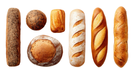 Freshly Baked Bread: A flat lay of freshly baked bread like loaves, baguettes, and rolls, isolated on a Transparent background, PNG file.