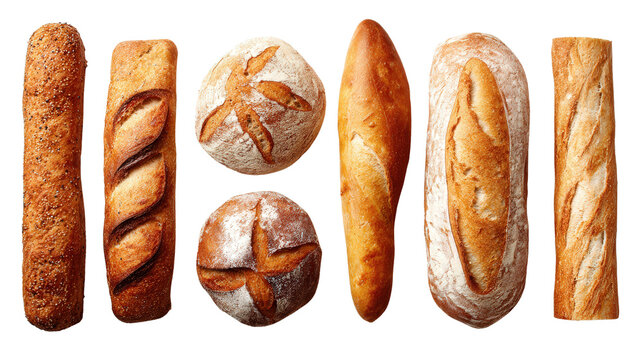 Freshly Baked Bread: A flat lay of freshly baked bread like loaves and baguettes, isolated on a Transparent background, PNG file. - Powered by Adobe