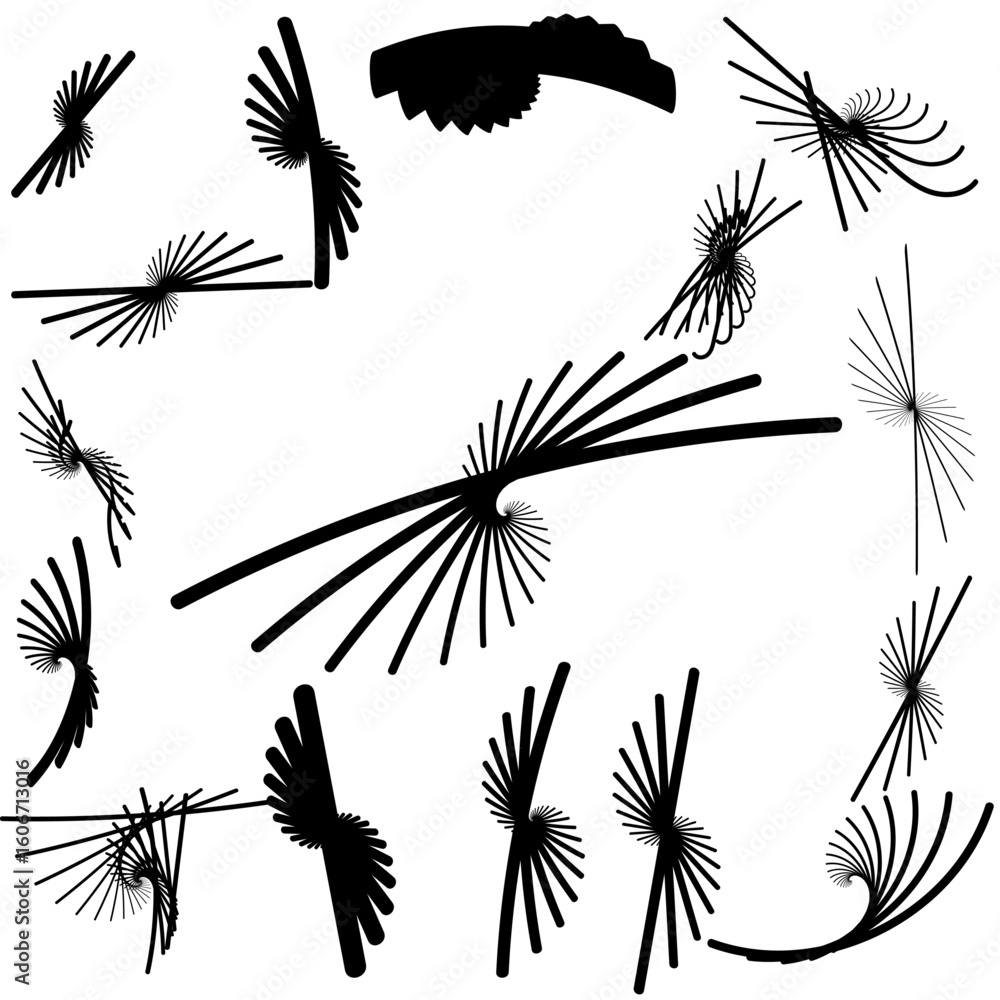 Poster diverse dynamic bursts and curved line patterns arranged across a white canvas, minimal black silhou