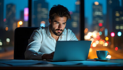 Entrepreneur working late with city night view in background