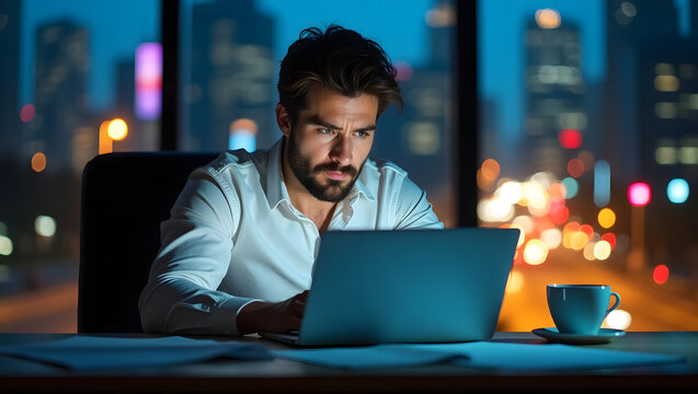 Entrepreneur working late with city night view in background