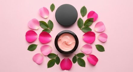 A jar of pink cosmetic cream is artfully arranged with vibrant rose petals and fresh green leaves on a soft pink background
