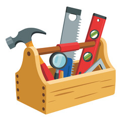 Wooden toolbox filled with various construction and diy tools