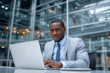 Fototapeta premium Mature professional man using laptop in modern office lounge, portraying remote work, business confidence, and digital productivity.