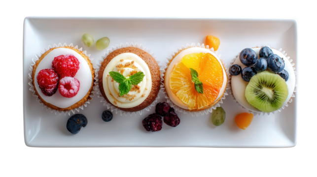 Freshly Baked Cakes on White Plate: A flat lay of freshly baked cakes with smooth icing and vibrant fruit toppings, isolated on a Transparent background, PNG file.