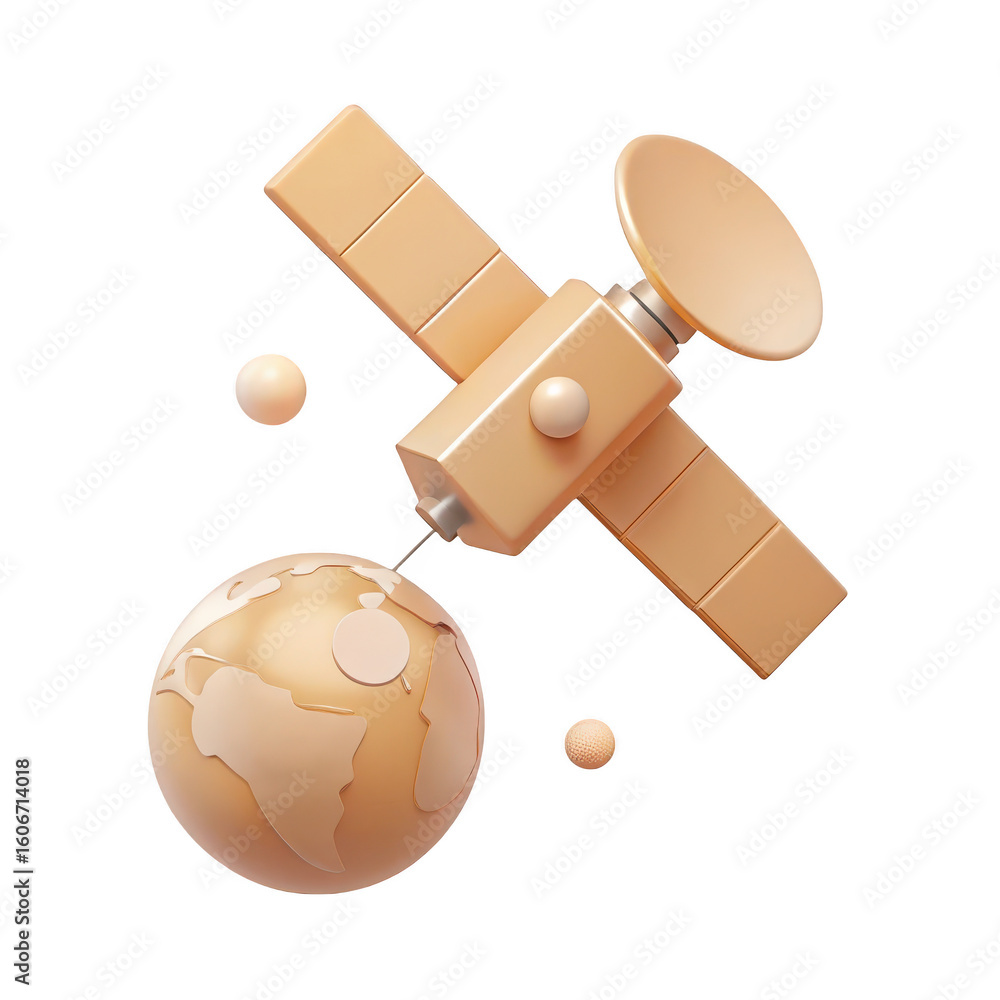 Poster stylized 3d rendering of a space satellite orbiting a planet with small spheres floating nearby isol