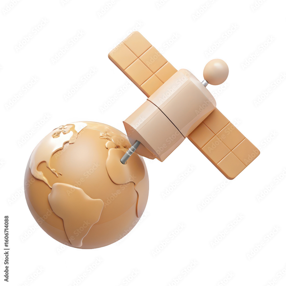 Poster stylized 3d rendering of a space satellite orbiting a glossy earth globe isolated on transparent bac