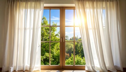 Fototapeta premium Sunlight streams through a window with white curtains, revealing a lush green landscape