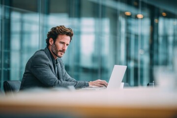 Fototapeta premium Mature professional man using laptop in modern office lounge, portraying remote work, business confidence, and digital productivity.