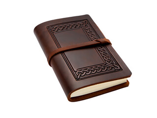 Antique leather bound journal with celtic knot design isolated on transparent background