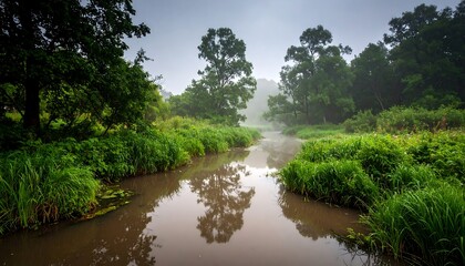 Misty morning river flowing through lush trees