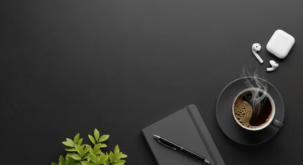 Dark desk scene with coffee, notebook, pen, earbuds, and plant sprig.  Clean, minimalist design showcasing ample free space ideal for text or branding.