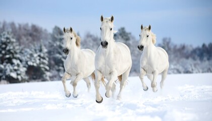 Three white horses galloping across a snowy field
