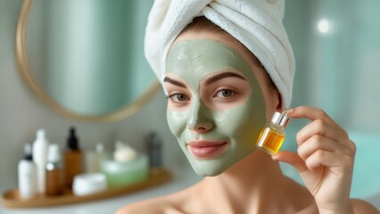 A caucasian woman with a green facial mask and a white towel wrapped around her hair, holding a small dropper bottle, looking fresh and content, with a blurred bathroom background,