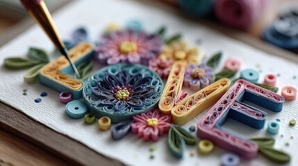 Fototapeta premium Quilled “LOVE” Word Art with Colorful Curled Paper Letters, Delicate Paper Flowers, Leaves and Craft Tool